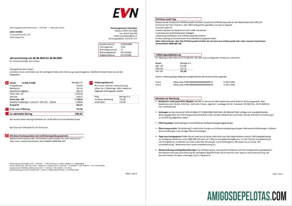 Conta de serviços públicos de eletricidade EVN da Áustria 5 páginas 1 2 modelo